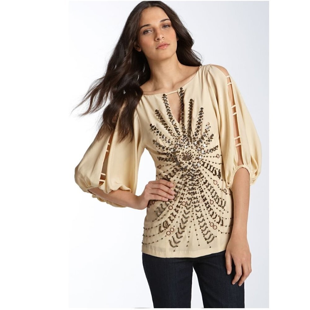 Nanette Lepore Beige Beaded Boho Blouse Size 0